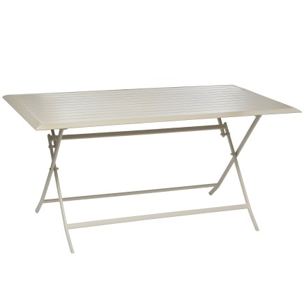 Mesa de jardín plegable rectangular en aluminio color gris con tablero de lamas y estructura tipo X