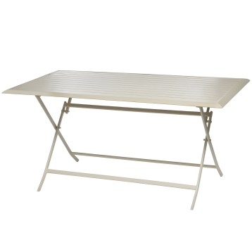 Mesa de jardín plegable rectangular en aluminio color beige con tablero de lamas y patas tipo X