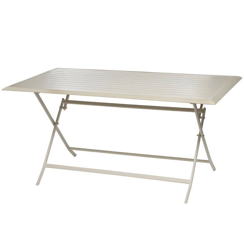 Mesa de jardín plegable rectangular en aluminio color beige con tablero de lamas y patas tipo X