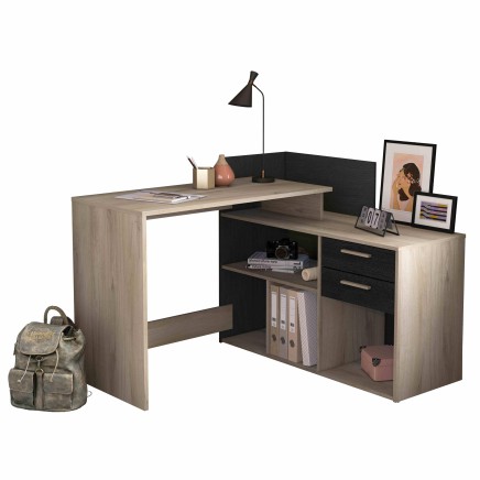 Escritorio esquinero en madera clara y negro con estantes y cajones integrados vista de ambiente