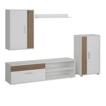 Conjunto de mueble salón blanco con detalles en madera natural y estantes abiertos