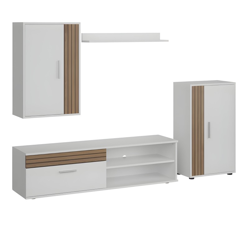 Conjunto de mueble salón blanco con detalles en madera natural y estantes abiertos