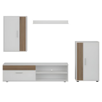 Conjunto de muebles modulares con armario blanco y detalles en madera y mueble TV con estantes abiertos