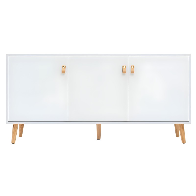 Aparador con tres puertas blancas y patas de madera natural con herrajes dorados
