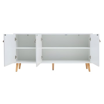 Aparador blanco con puertas abiertas y estantes interiores y patas de madera natural