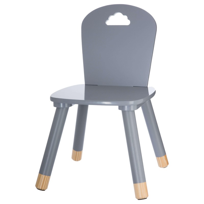 Silla infantil gris con respaldo redondeado y nube blanca y patas de madera natural