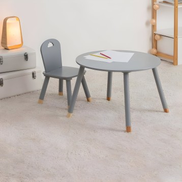 Conjunto infantil mesa redonda gris y silla con patas de madera y detalles en tono natural