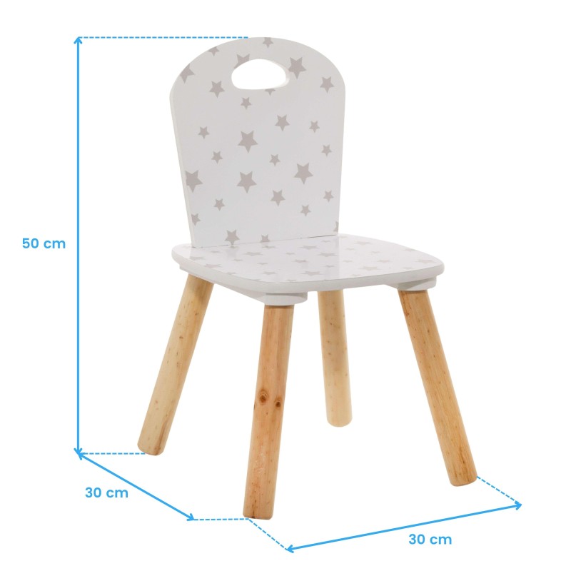Silla infantil blanca con estampado de estrellas grises y patas de madera natural