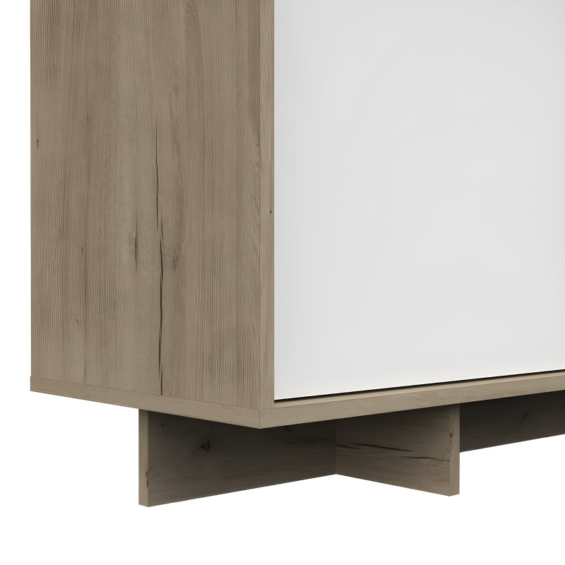 Aparador de madera clara con puertas y frente blanco sobre base de cruz en madera
