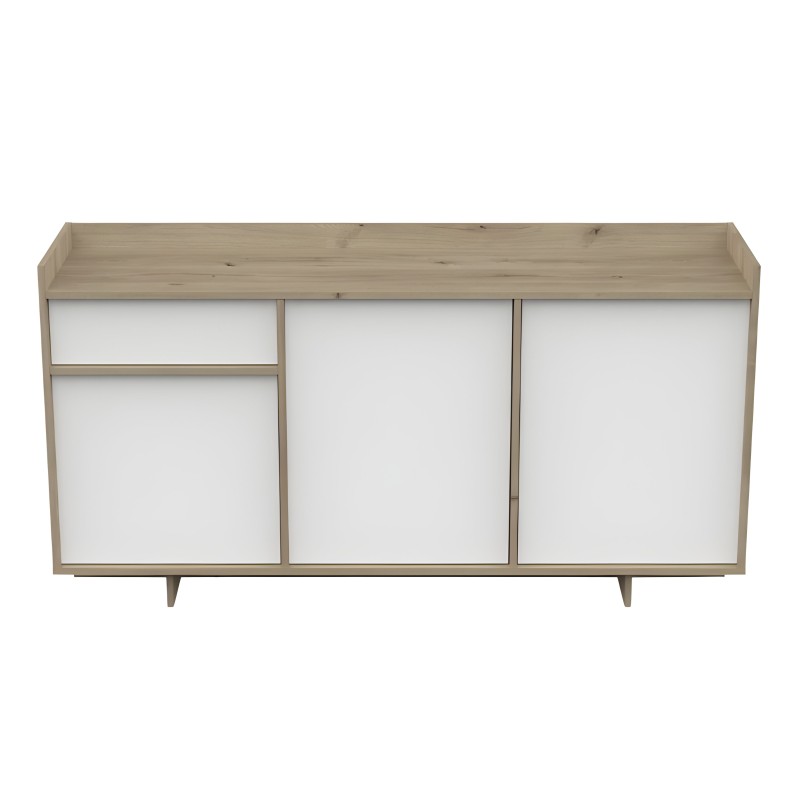 Aparador de madera clara y frentes blancos con tres puertas y un cajón superior sobre patas de madera