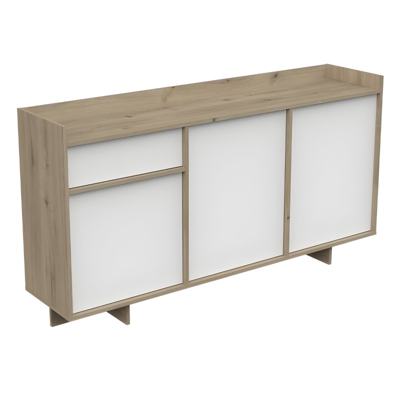 Aparador de madera natural con frentes blancos y patas de apoyo diseño nórdico