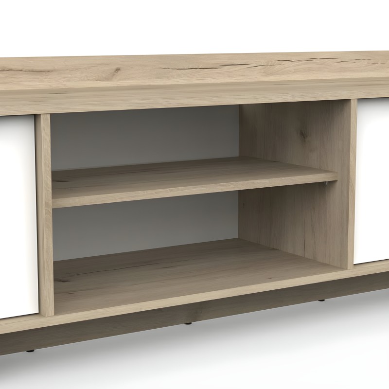 Mueble tv bajo en madera clara con puertas correderas blancas y estantes abiertos interiores