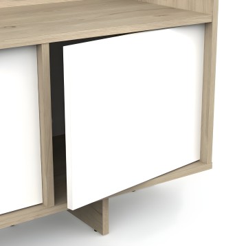 Mueble de TV con estructura de madera clara y puerta corredera blanca con marco negro