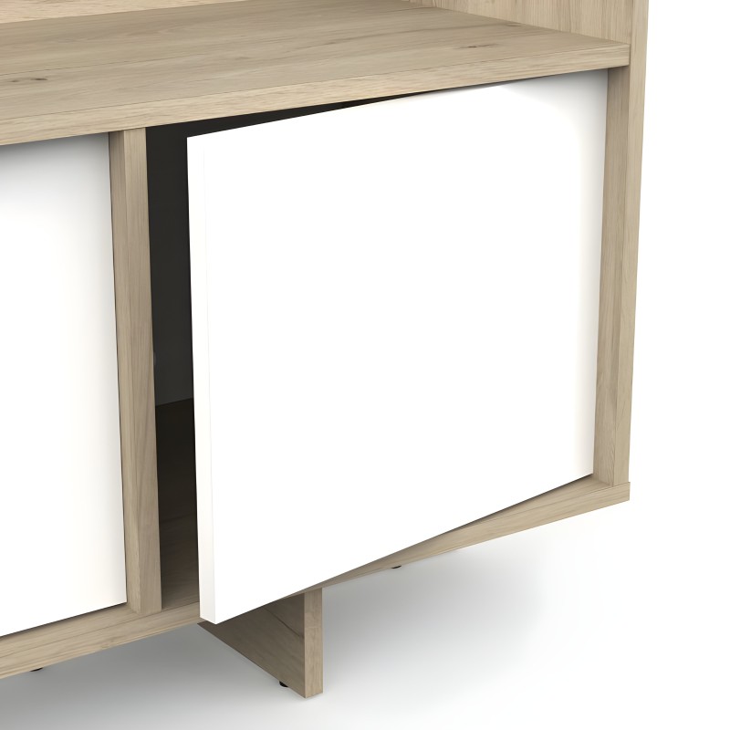 Mueble de TV con estructura de madera clara y puerta corredera blanca con marco negro