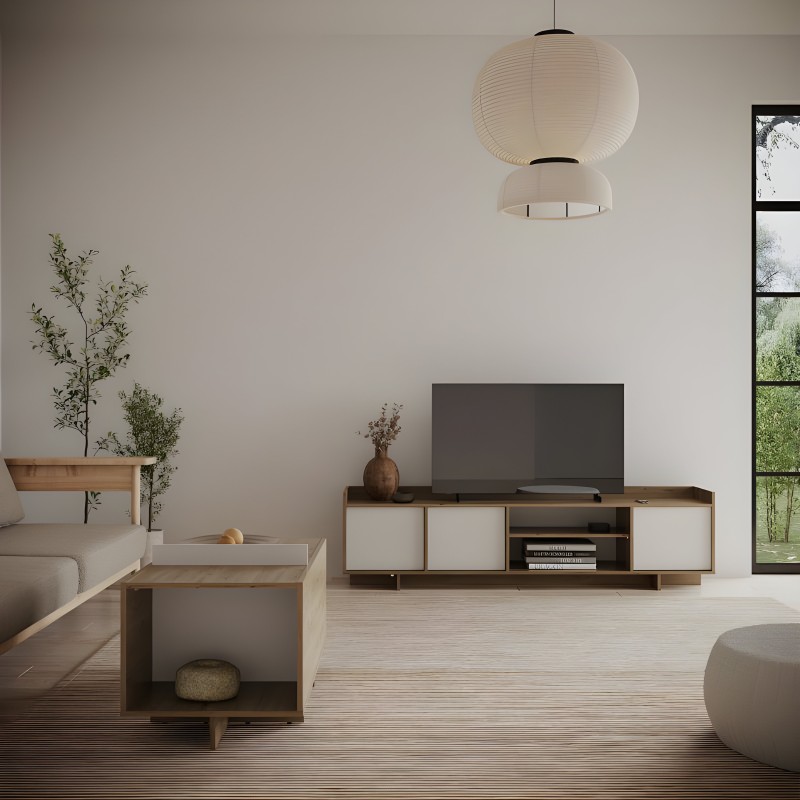 Mueble TV madera y blanco con puertas y estantes abiertos en salón moderno