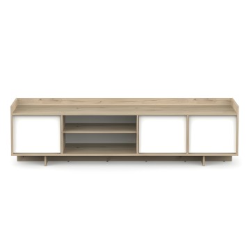 Mueble de TV de madera clara con puertas blancas y estantes abiertos centrales en tonos naturales