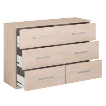 Cómoda de madera clara con seis cajones y tiradores plateados con drawers abiertos
