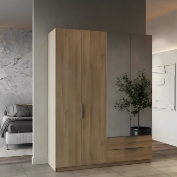 Armario de puertas correderas con frente en madera natural y lateral blanco en dormitorio moderno