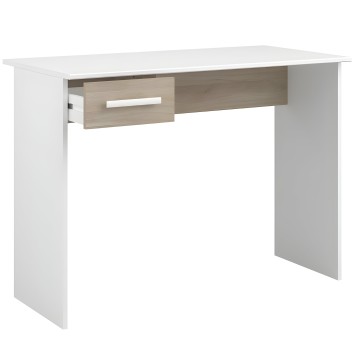 Escritorio blanco con cajón madera natural y estructura minimalista vista frontal