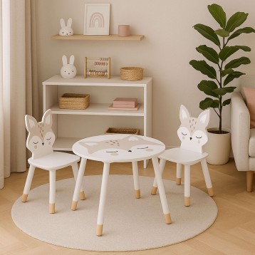 Conjunto infantil de mesa redonda blanca con diseño de animales y dos sillas con respaldo de conejo en ambiente de dormitorio