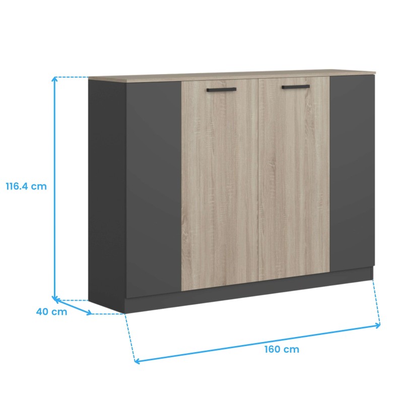 Aparador con puertas de madera clara y estructura gris antracita con tiradores negros