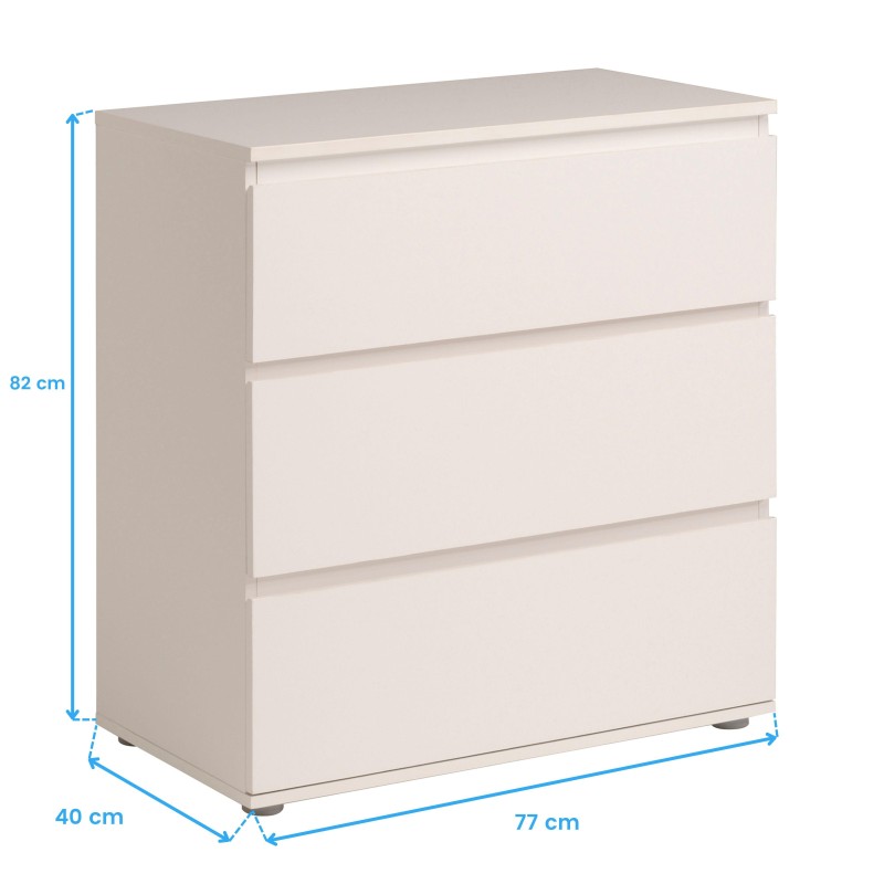Cómoda blanca con tres cajones y superficie superior gris claro