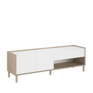 Mueble TV bajo madera natural y blanco con puertas correderas y estante abierto lateral