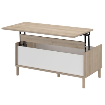 Mesa de centro elevable en madera natural y blanco con tapa abatible y almacenamiento interior