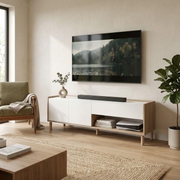 Mueble TV con puertas blancas y estructura madera clara en salón moderno con plantas y sillón beige