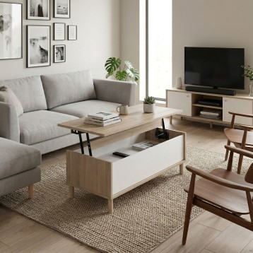 Mesa de centro elevable en madera natural y blanco con almacenamiento y tapa abatible en ambiente de sala