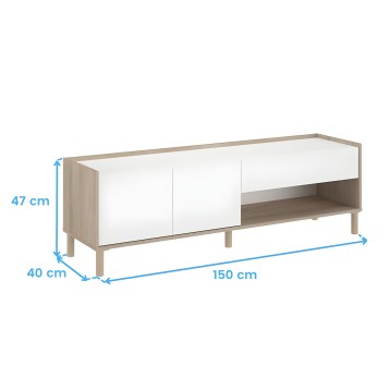 Mueble TV bajo madera natural con frentes blancos y nicho abierto lateral vista frontal y medidas