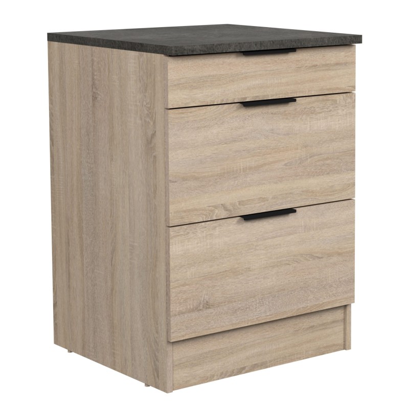 Mesita de noche madera clara con tres cajones y encimera gris oscuro
