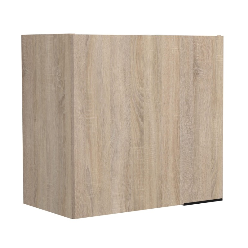 Mueble auxiliar de madera clara con acabado roble y detalles metálicos negros en la base