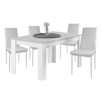 Comedor de cuatro sillas tapizadas en gris claro y mesa cuadrada blanca con encimera gris