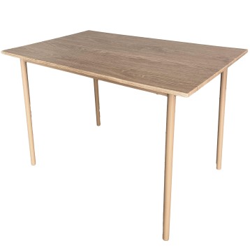 Mesa rectangular con tablero en tonos grises y estructura de madera natural clara con patas cilíndricas