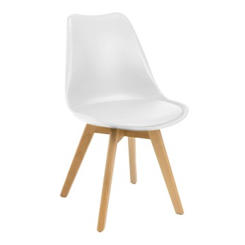 Silla de comedor con asiento blanco y respaldo curvo sobre patas de madera natural