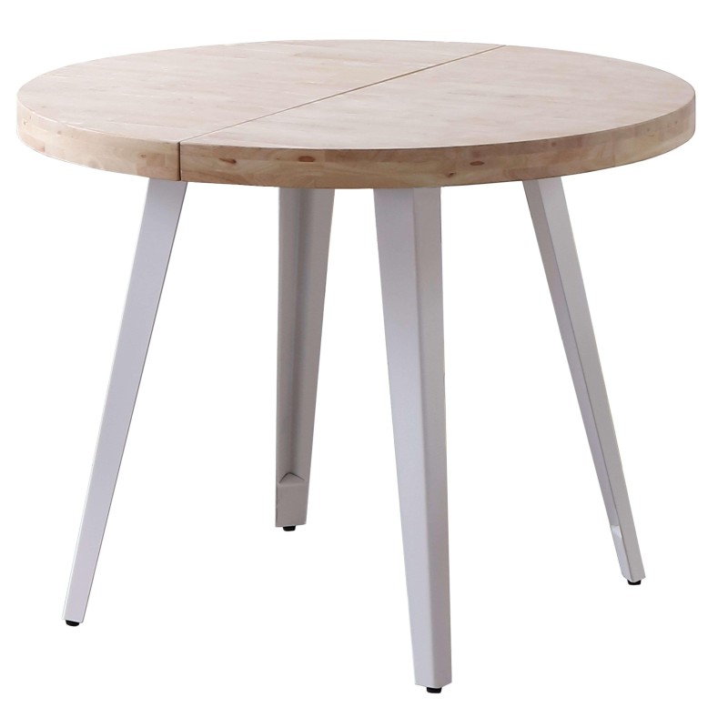 Mesa redonda extensible en madera natural con patas metálicas grises y tablero con apertura central