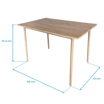 Mesa de comedor rectangular en madera clara con tablero gris y patas de madera natural estilo nórdico