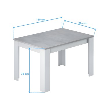 Mesa de comedor extensible con tapa gris y estructura blanca vista en perspectiva con medidas