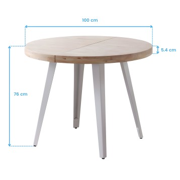 Mesa redonda extensible con tablero de madera clara y patas metálicas grises