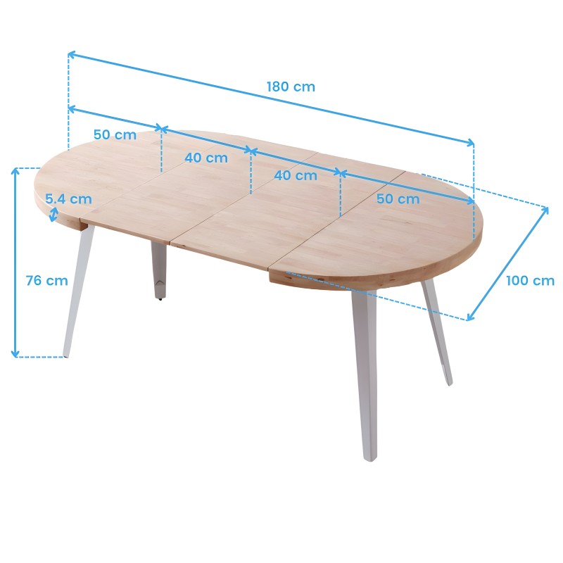 Mesa extensible ovalada de madera natural con patas grises y medidas de referencia en vista técnica