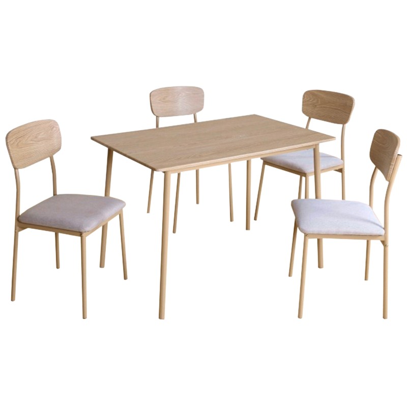 Conjunto de comedor con mesa rectangular de madera clara y cuatro sillas de madera con respaldo redondeado y asiento tapizado gr