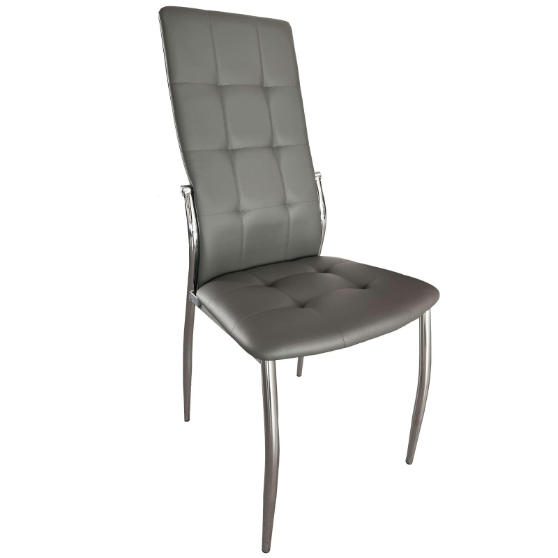 Silla de comedor tapizada en gris con respaldo acolchado y estructura metálica cromada