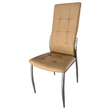 Silla de comedor tapizada en beige con respaldo alto acolchado y estructura metálica cromada