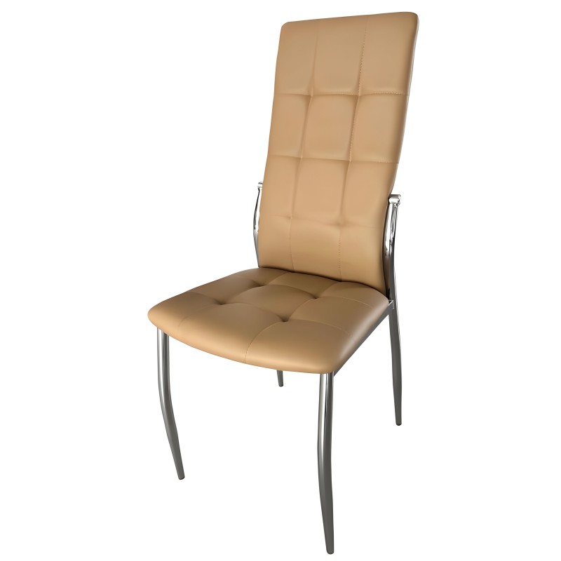 Silla de comedor tapizada en beige con respaldo alto acolchado y estructura metálica cromada