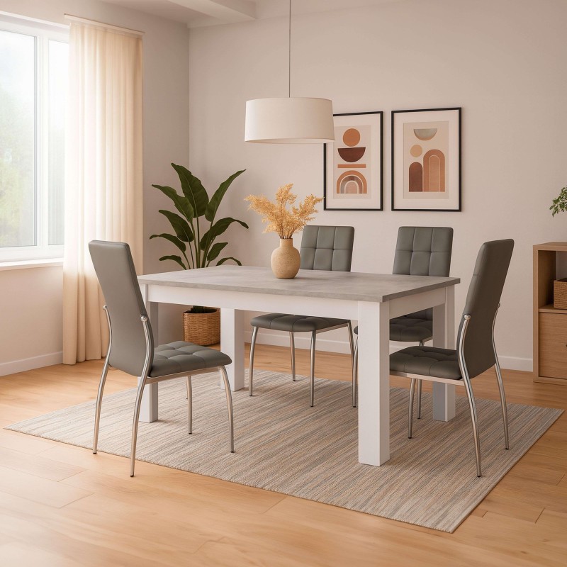 Comedor con mesa rectangular blanca y gris y sillas tapizadas grises con patas metálicas en ambiente luminoso