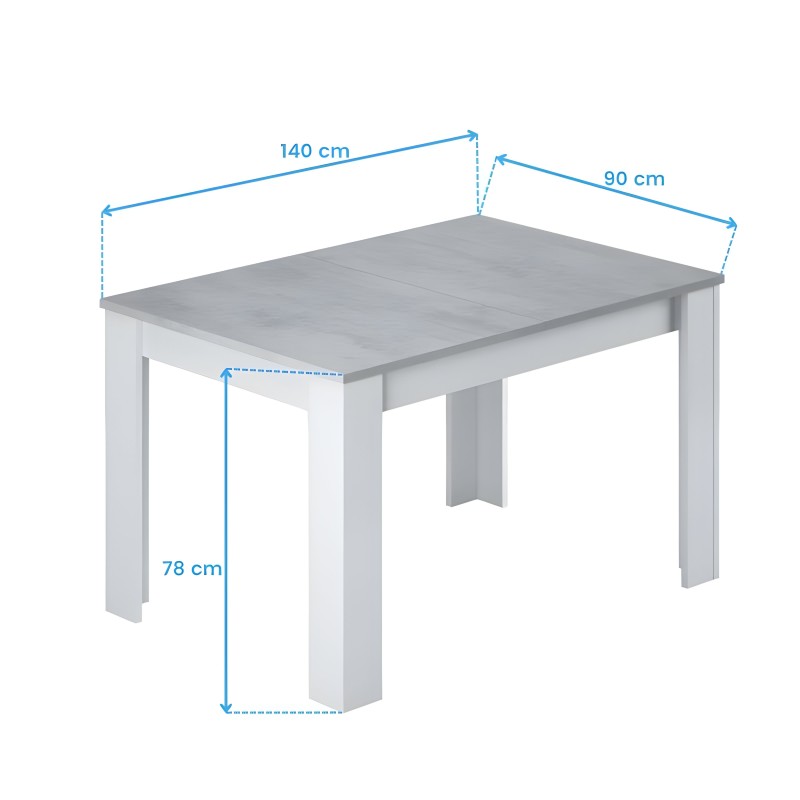 Mesa de comedor extensible con tablero gris y patas blancas. Vista general con medidas