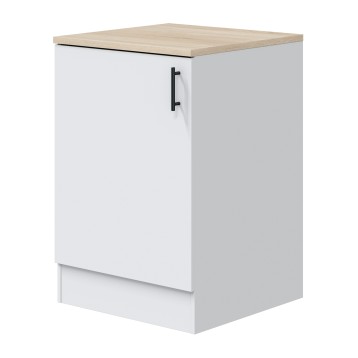 Mueble bajo cocina blanco con puerta y encimera madera clara con tirador negro metálico