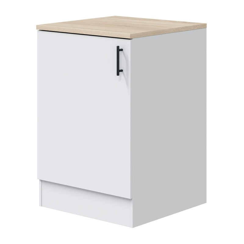 Mueble bajo cocina blanco con puerta y encimera madera clara con tirador negro metálico