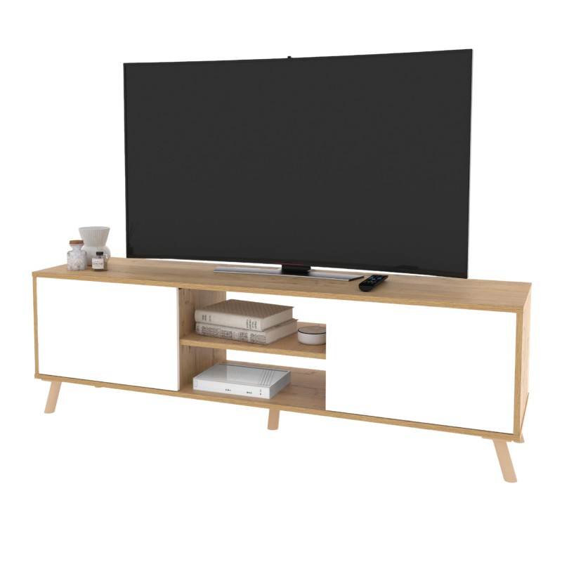 Mueble TV en madera clara y blanco con puertas correderas y estantes abiertos para televisor